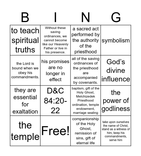 Ordinances and Covenants Bingo Card