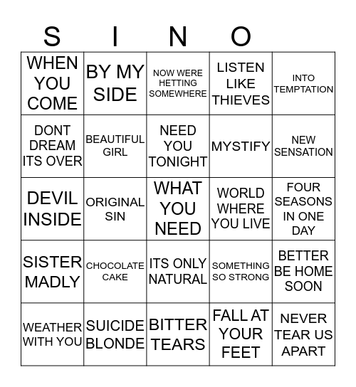 335 INXS VS CROWDED HOUSE Bingo Card
