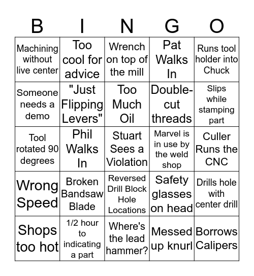 Machine Shop Bingo Card