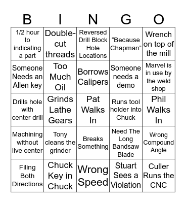 Machine Shop Bingo Card