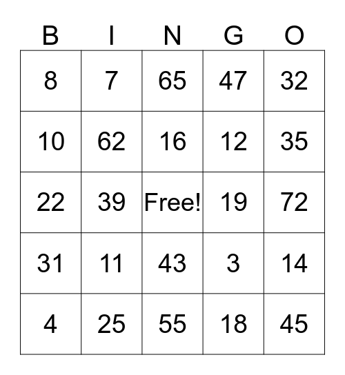 Number Bingo  Bingo Card
