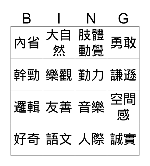 多元智能 Bingo Card