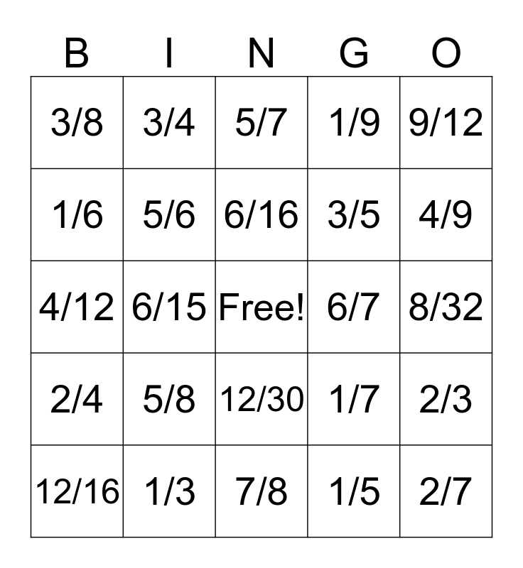 Simplest Form Of Fractions Bingo Card