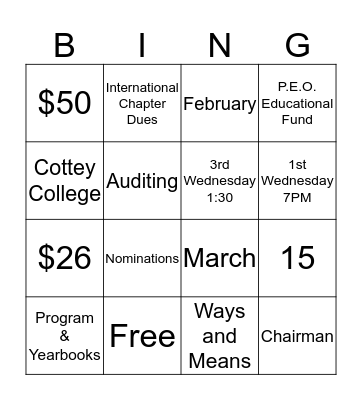 P.E.O. Bylaws Bingo Card