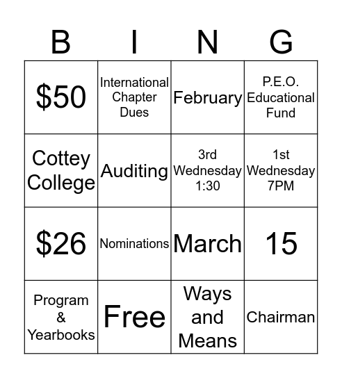 P.E.O. Bylaws Bingo Card