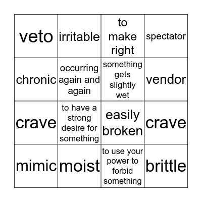 Vocabulary Bingo  Bingo Card