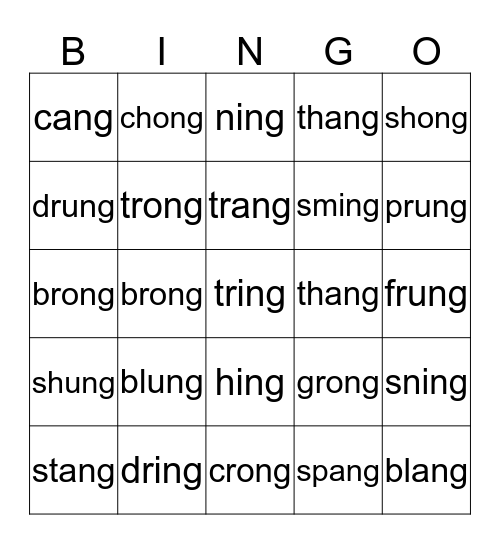 /ang/, /ing/, /ong/, /ung/ Bingo Card