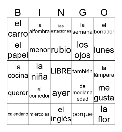 Repaso Vocabulario 1-5 Bingo Card