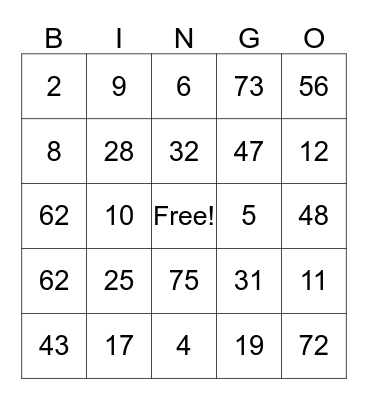 Number Bingo Card