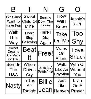 VH1 80's Bingo Card