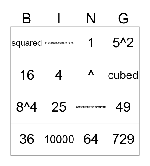 exponents  Bingo Card