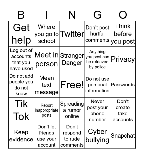 Internet Safety Bingo Card