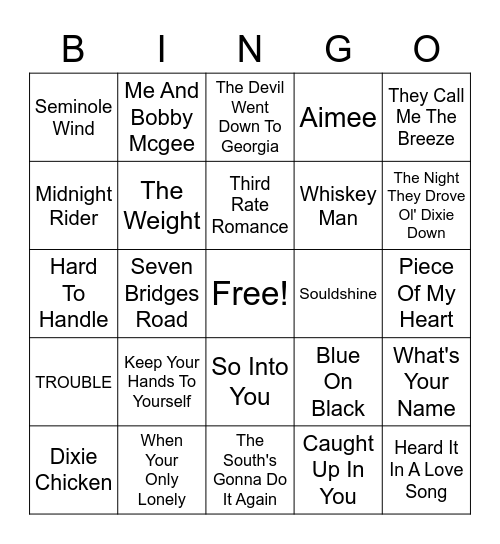 Southern Rock Bingo Card