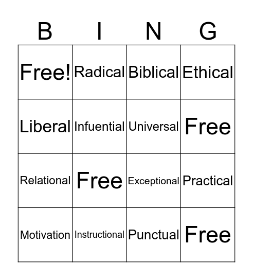 Value Statement  Bingo Card