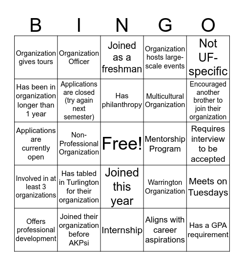 Involvement Fair Bingo Card