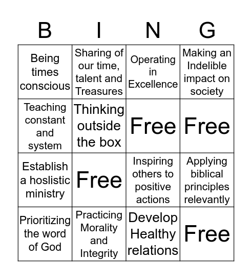 Value Statement  Bingo Card