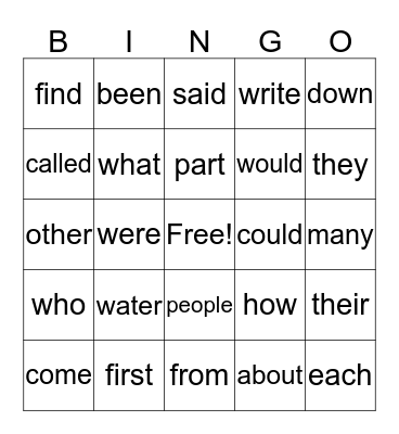 Fry First 100 Words Bingo Card