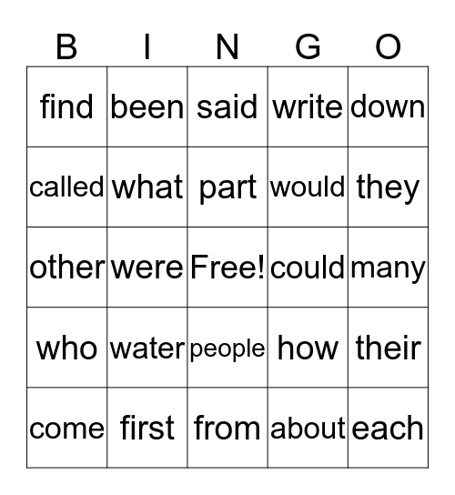 Fry First 100 Words Bingo Card