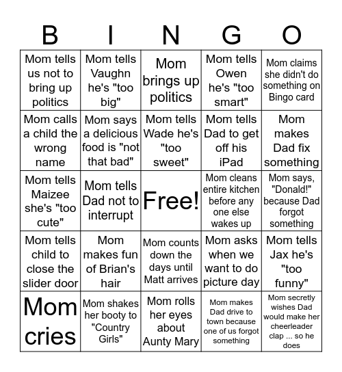 Mom Bingo Card
