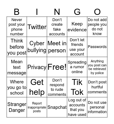 Internet Safety Bingo Card