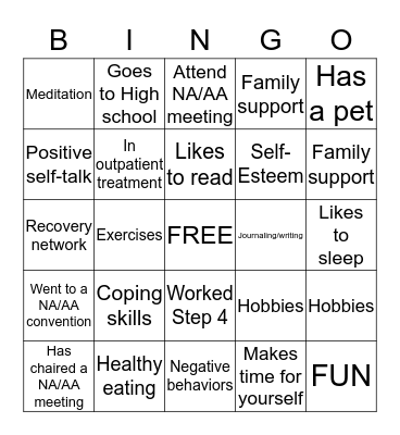 RECOVERY BINGO Card