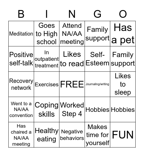 RECOVERY BINGO Card