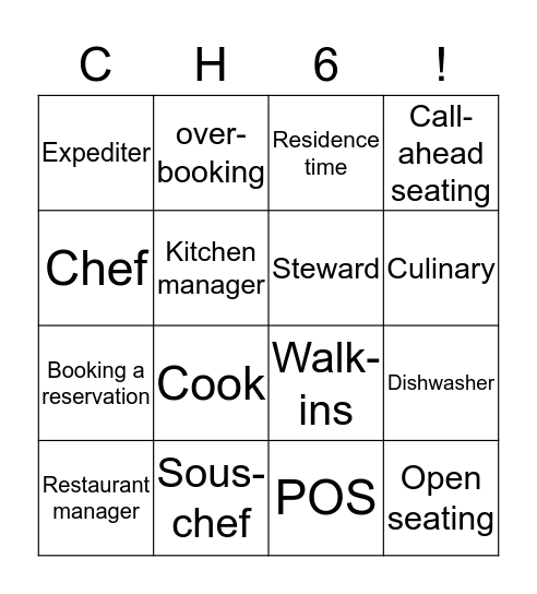 Front of the house and back of the house Bingo Card