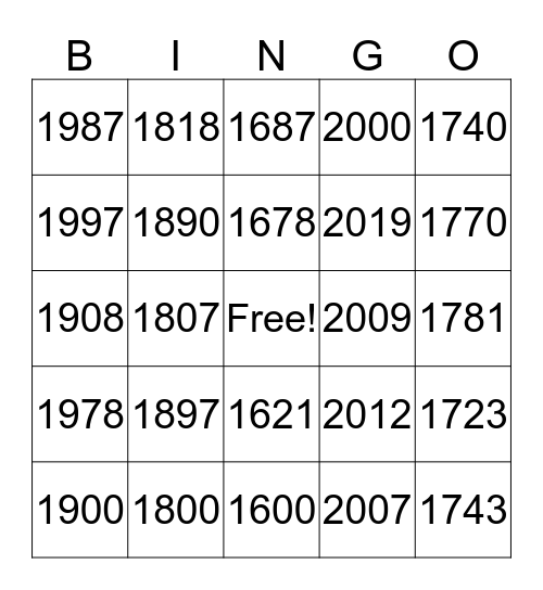 Years Bingo Card