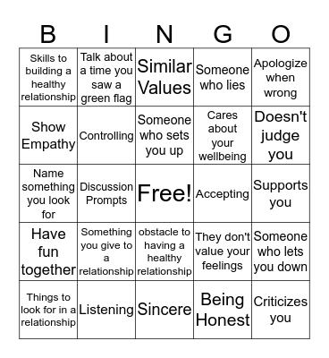 Relationship Bingo Card