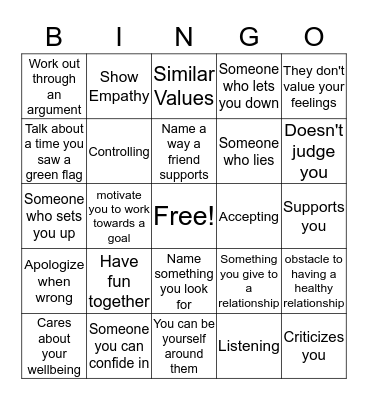 Relationship Bingo Card