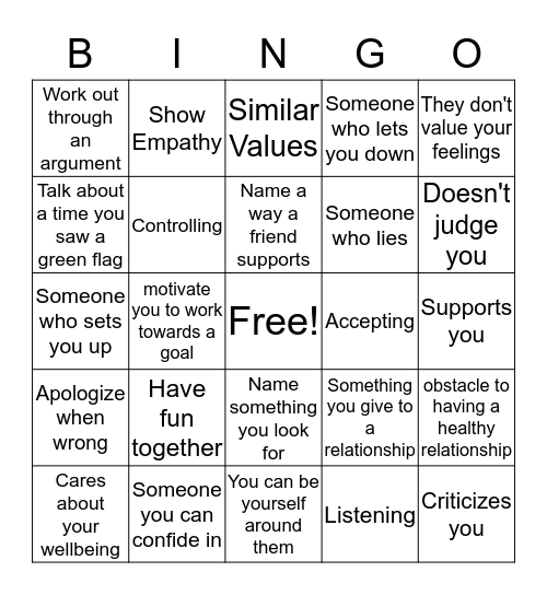 Relationship Bingo Card