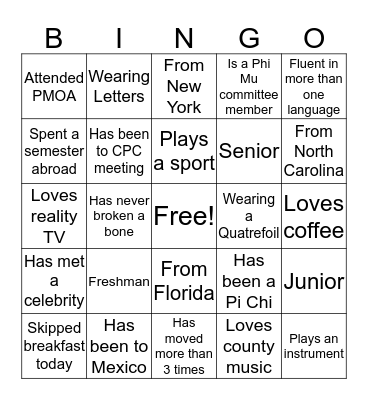 Lambda Gamma Bingo Card