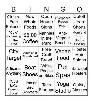 Gentrification Bingo Card