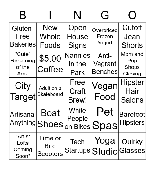 Gentrification Bingo Card