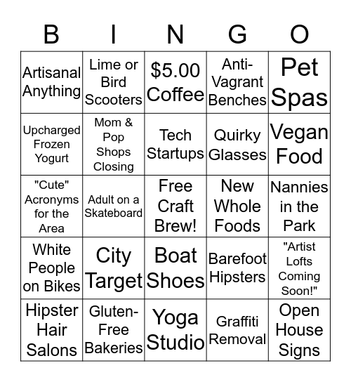 Gentrification Bingo Card