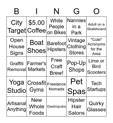 Gentrification Bingo Card