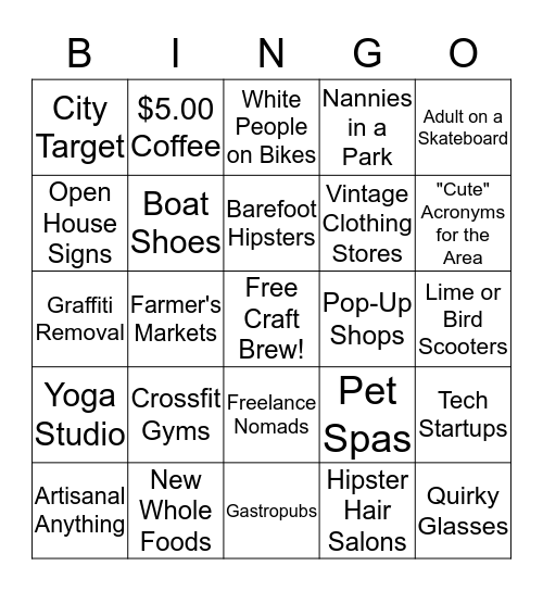 Gentrification Bingo Card