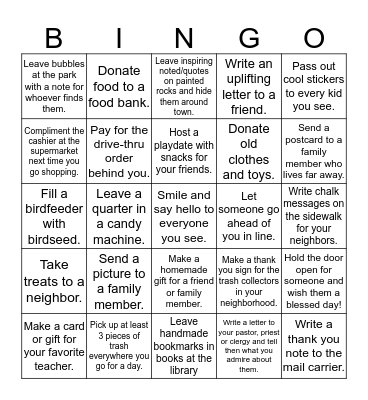Random Acts of Kindness BINGO Card