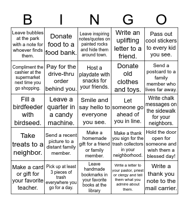 Random Acts of Kindness BINGO Card