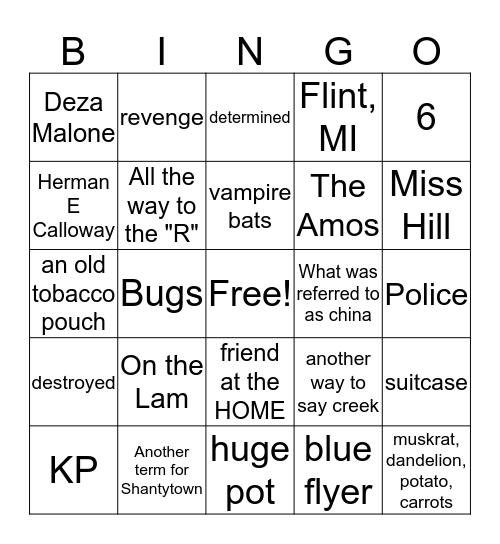 Bud Not Buddy Bingo Card