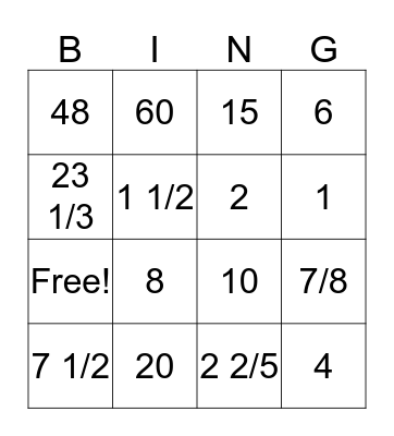 Multiplying Fractions Bingo Card