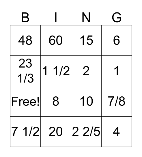 Multiplying Fractions Bingo Card