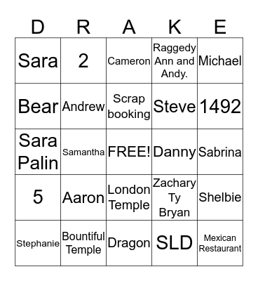 Drake Family Bingo Card