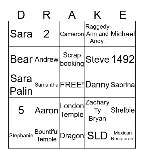 Drake Family Bingo Card