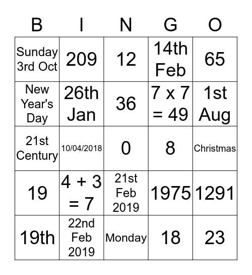dates and numbers Bingo Card