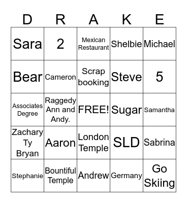 Drake Family Bingo Card