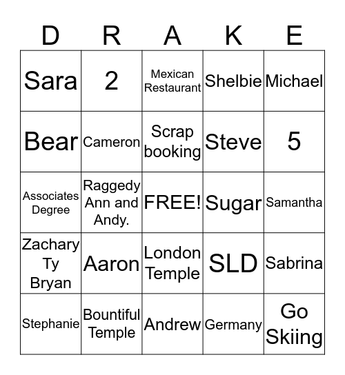 Drake Family Bingo Card