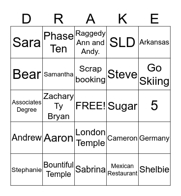 Drake Family Bingo Card