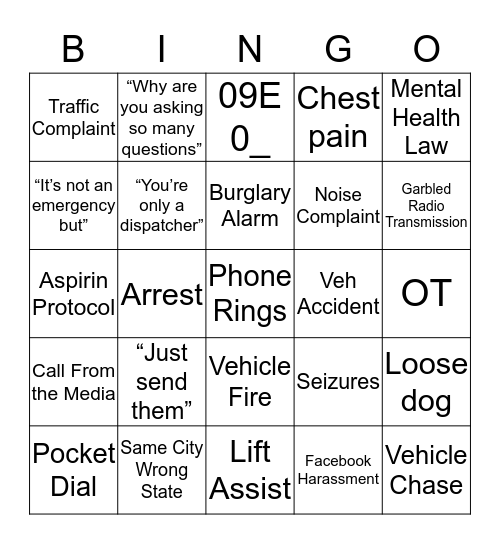 911 Tee’s Dispatcher Bingo Card