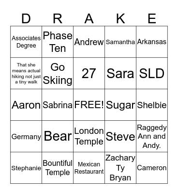 Drake Family Bingo Card